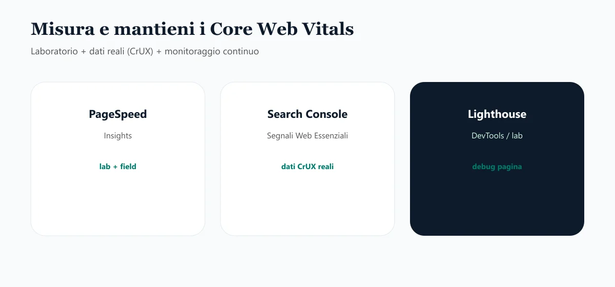 Tre strumenti per misurare INP: PageSpeed Insights, Search Console e Lighthouse