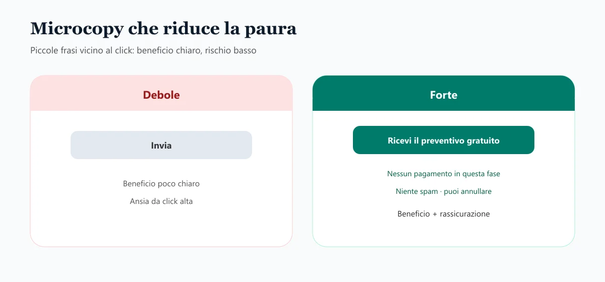 Confronto microcopy debole Invia versus forte Ricevi il preventivo gratuito con rassicurazioni
