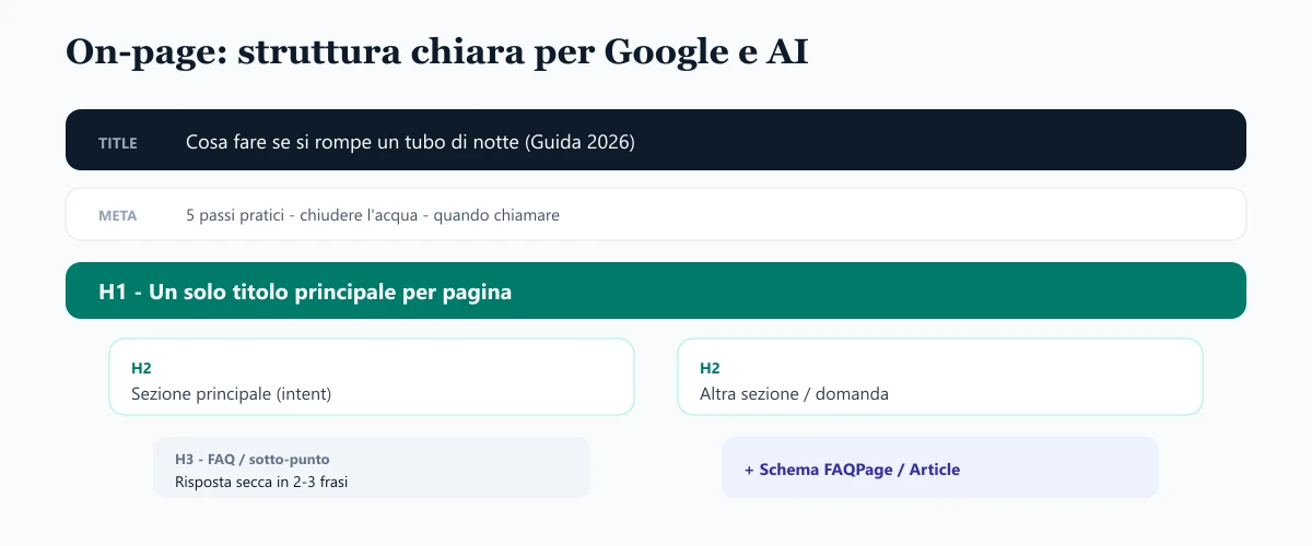 Gerarchia title, meta, H1, H2, H3 e Schema FAQ