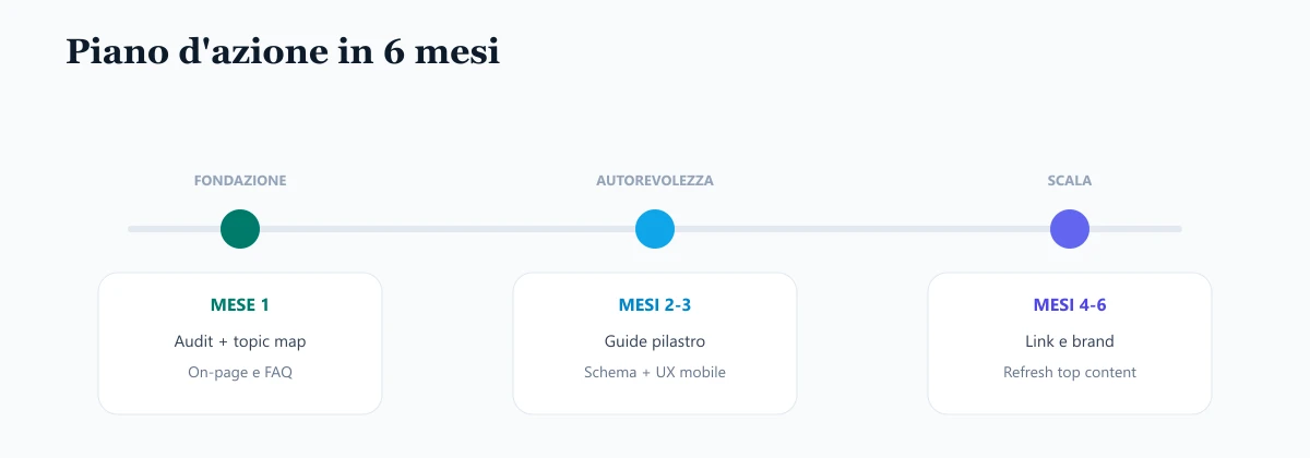 Timeline SEO in tre fasi: mese 1, mesi 2-3, mesi 4-6