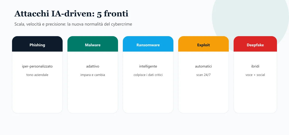 Cinque fronti di attacco IA-driven: phishing, malware, ransomware, exploit e deepfake
